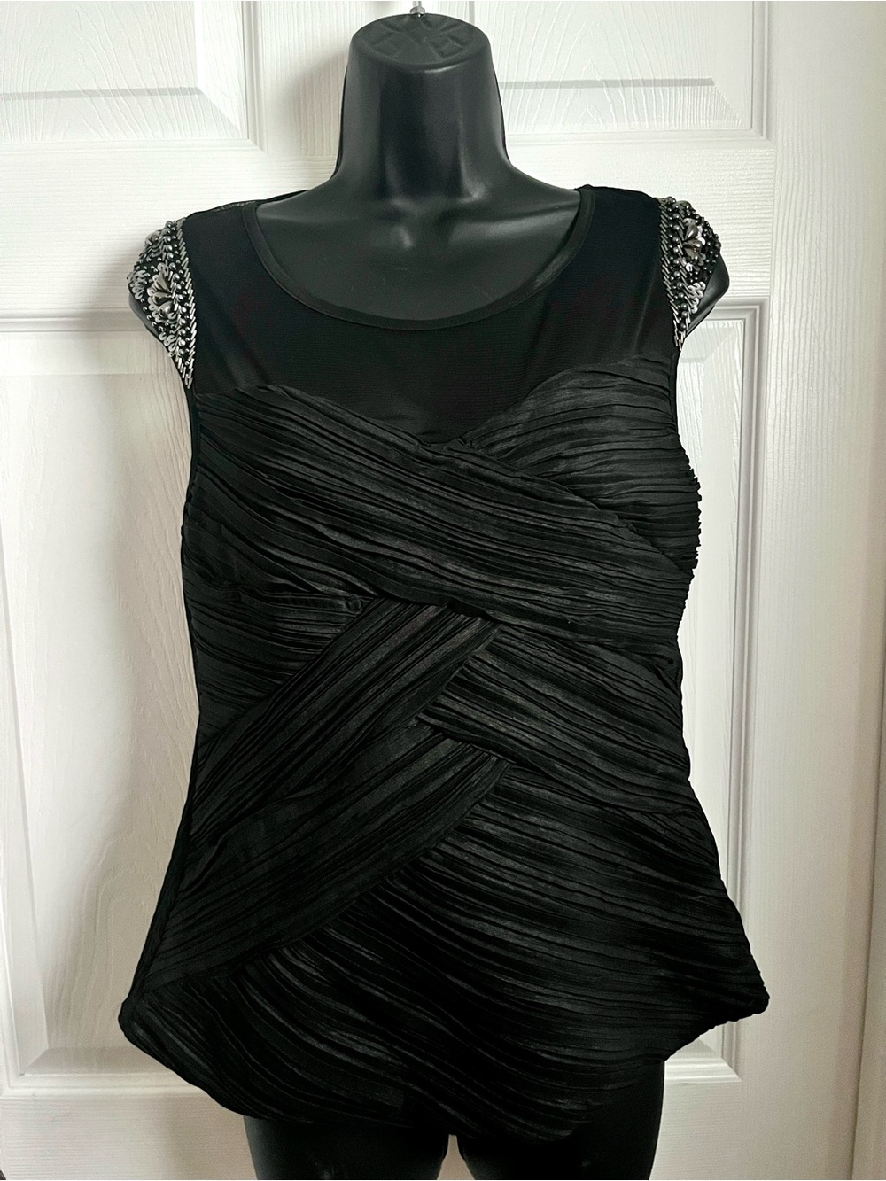 Ness Top Blouse Black Medium Pleated Embellished Shoulder Sleeveless Mesh